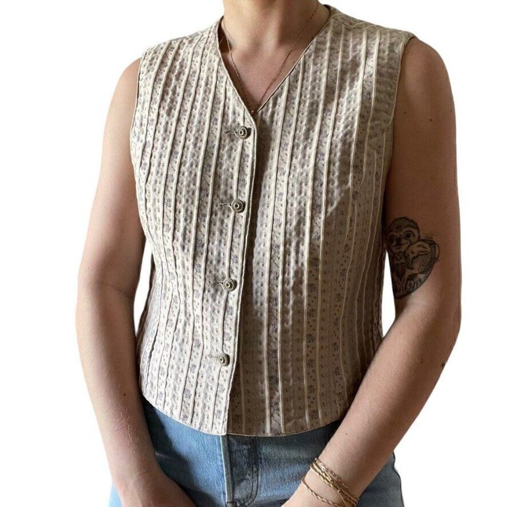 Vintage 1990s Liz Sport Lavender Floral V Neck Vest Sportcoat Tank Blouse Sz M - Picture 8 of 8